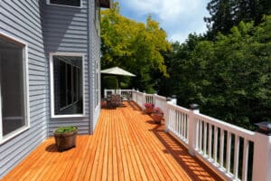 Outdoor wooden deck made of red cedar in good weather in a horizontal position