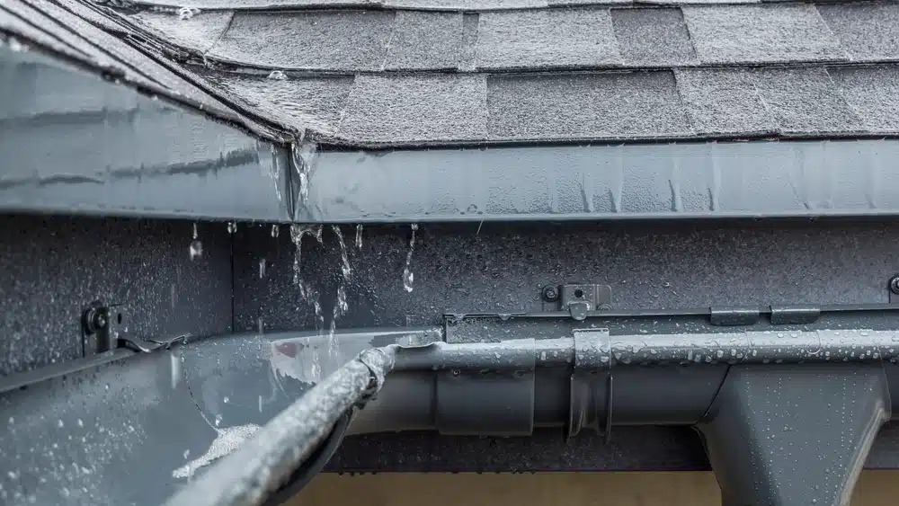 Rainwater flowing from leaky roof edges needing repair
