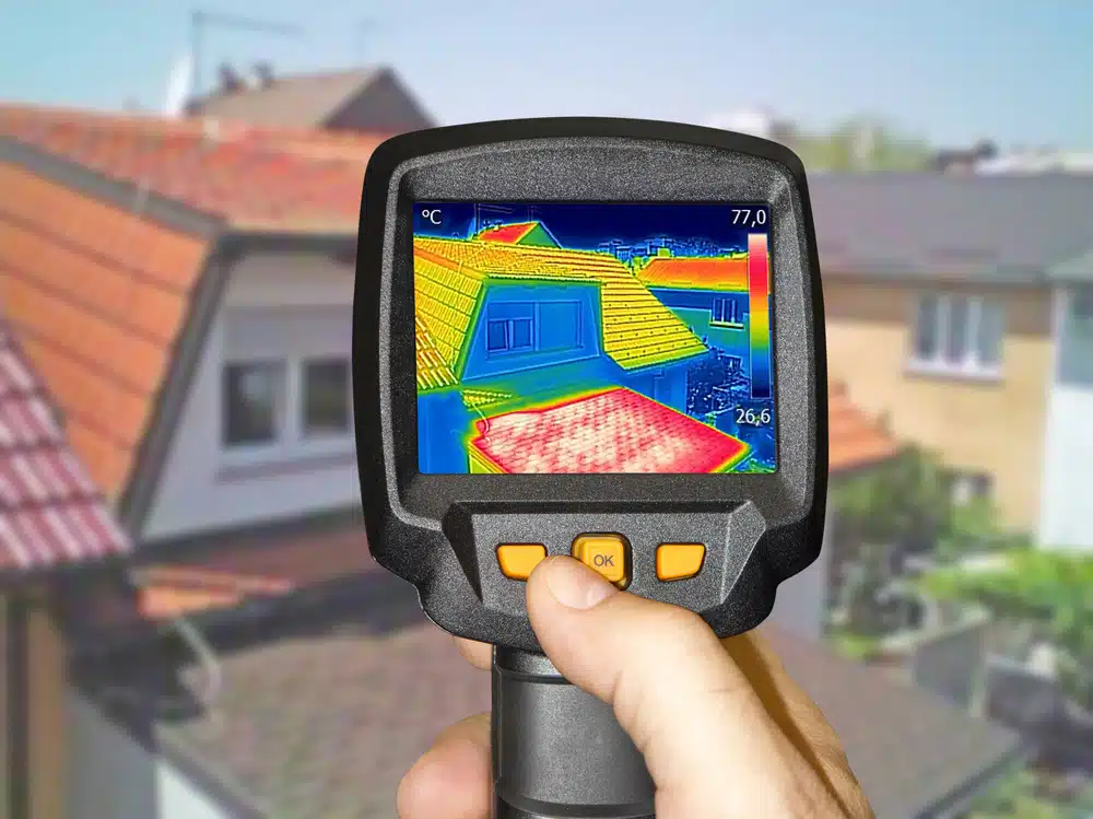 Warmed roofs on homes, with a thermal camera