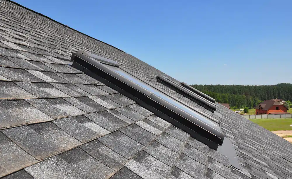 Beautiful asphalt shingle roof against the blue sky
