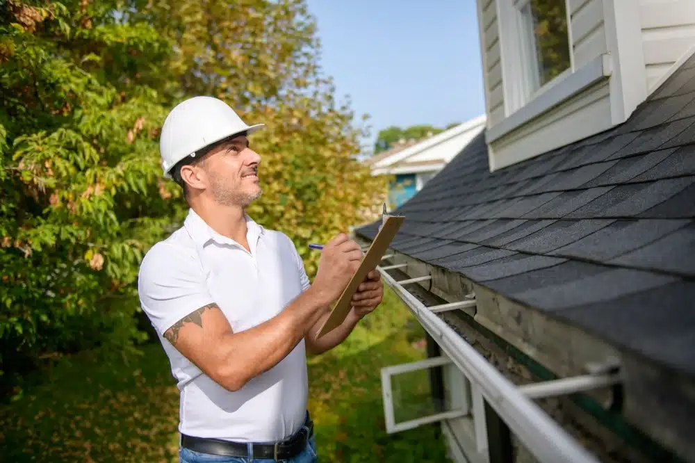 A man holding a clipboard, inspect house roof