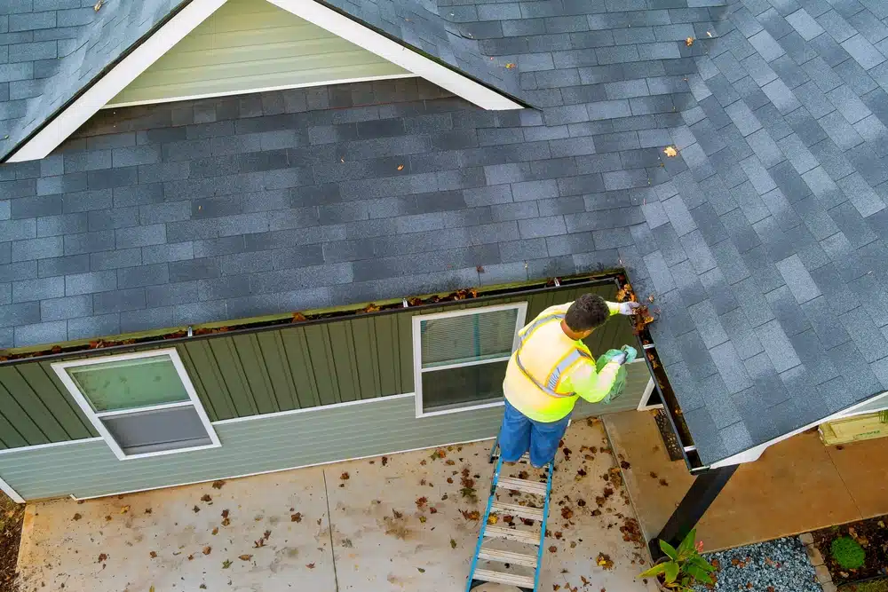 A man is cleaning a clogged roof gutter 