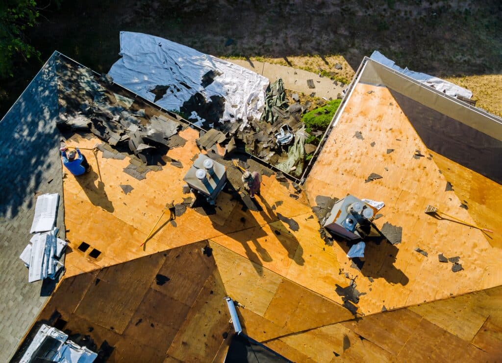 Top-view of Roofing Contractors Working on Roofing Installation Project