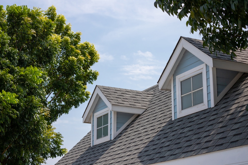 Roof shingles with garret house on top of the house among a lot of trees, dark asphalt tiles on the roof background
