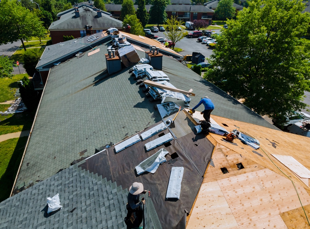 Workers installing new gray asphalt shingles on a house during a roof renovation, enhancing the home's appearance
