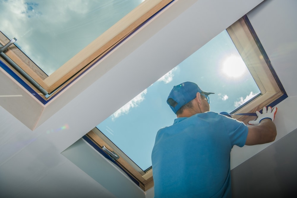 Male Roofing Skylight Replacement Contractor - Worker in Blue Uniform Replacing Skylight, Preparing Skylight Window