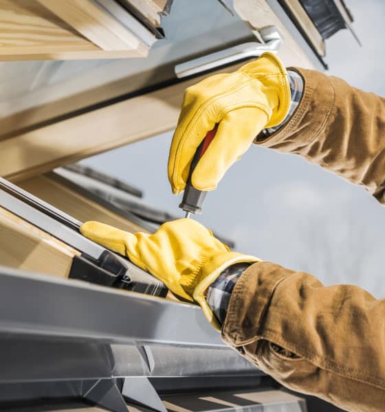 A worker wearing yellow gloves is using a screwdriver to fix a wooden-framed skylight, ensuring skylight repair