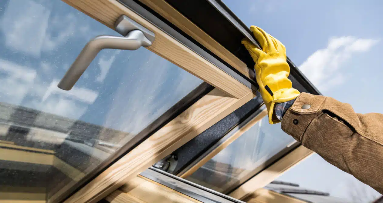 A worker wearing yellow gloves adjusting a wooden-framed skylight window with a handle, showing skylight repair in Boston MA