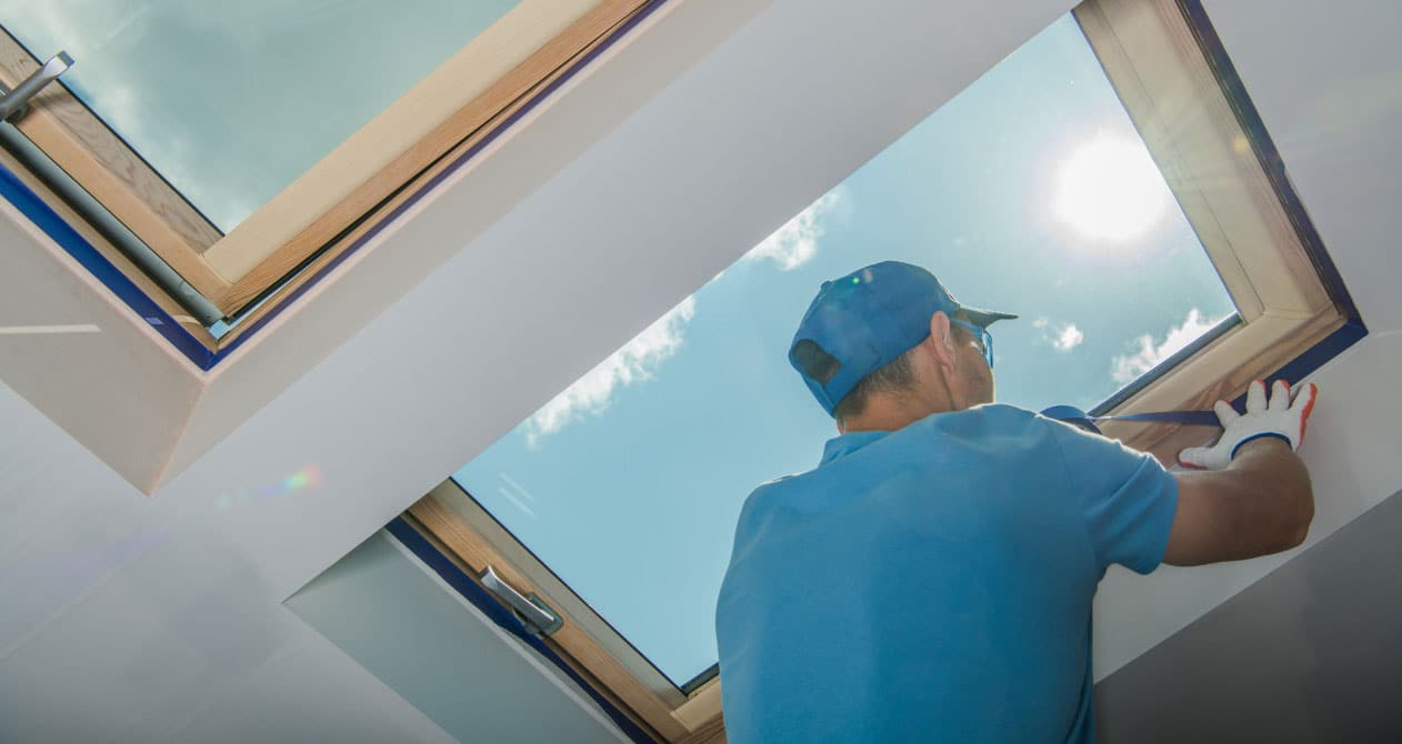 A worker in a blue uniform installing a wooden-framed skylight under bright sunlight, showing skylight replacement in Boston MA