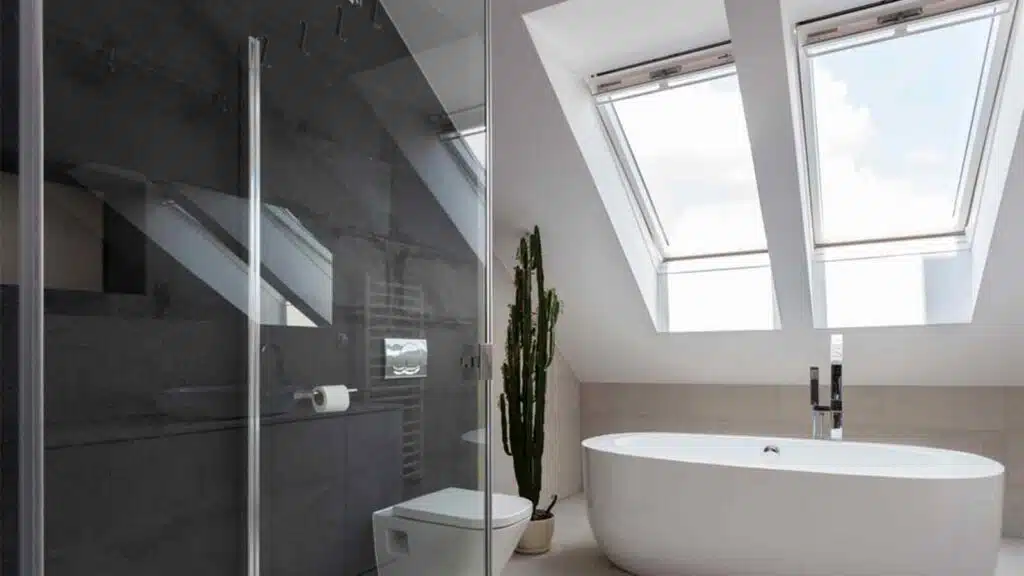 Shower cubicle and bathtub in elegant bathroom with skylight on the roof, elegant skylight benefits for homes