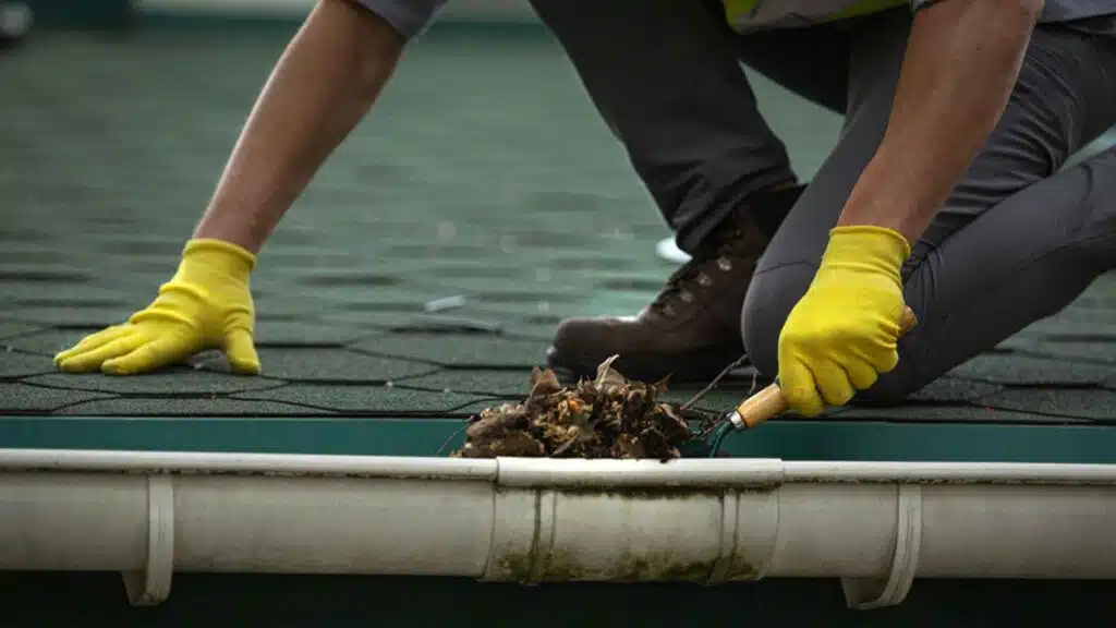 Male cleaning a clogged roof gutter from dirt, debris and fallen leaves to prevent water and let rainwater drain properly