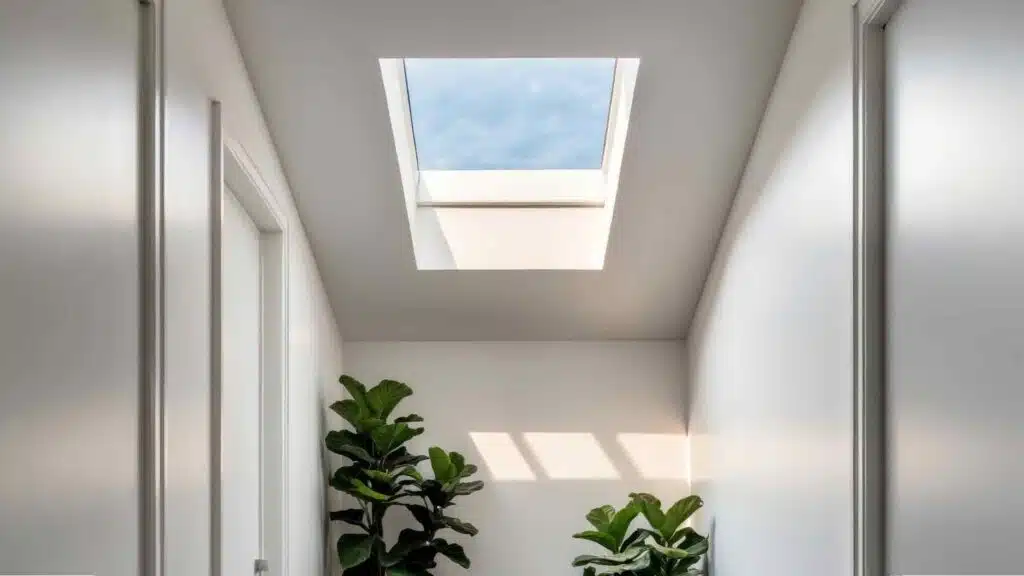 An indoor plant and leather bench adorn the contemporary hallway with a skylight, skylight building, bright home