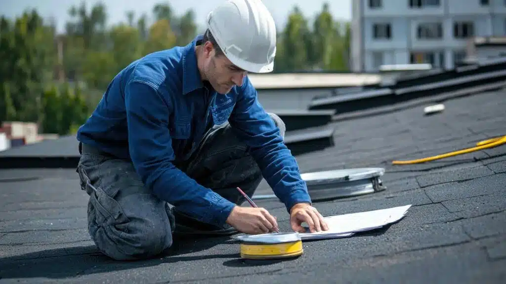 Construction worker in blue uniform on roof inspection, a commercial flat roof, taking notes, roof inspection