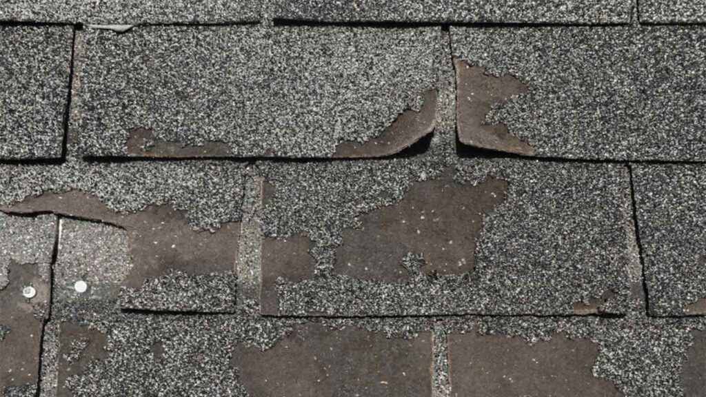 Close-up of damaged asphalt shingles with cracks and missing granules, indicating urgent roof repair needs.
