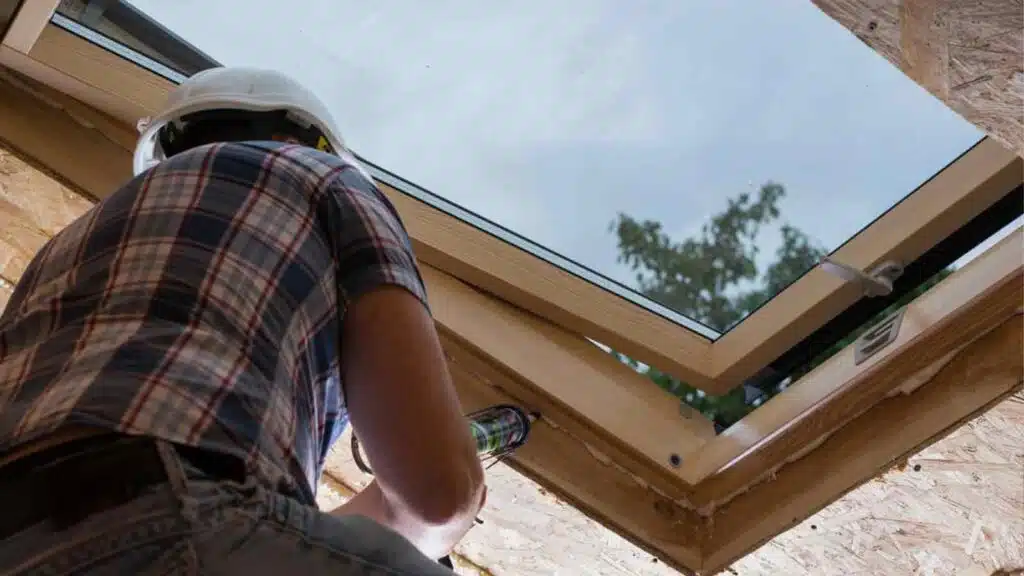 Construction worker applying fresh caulking around a skylight window in an unfinished wooden ceiling.