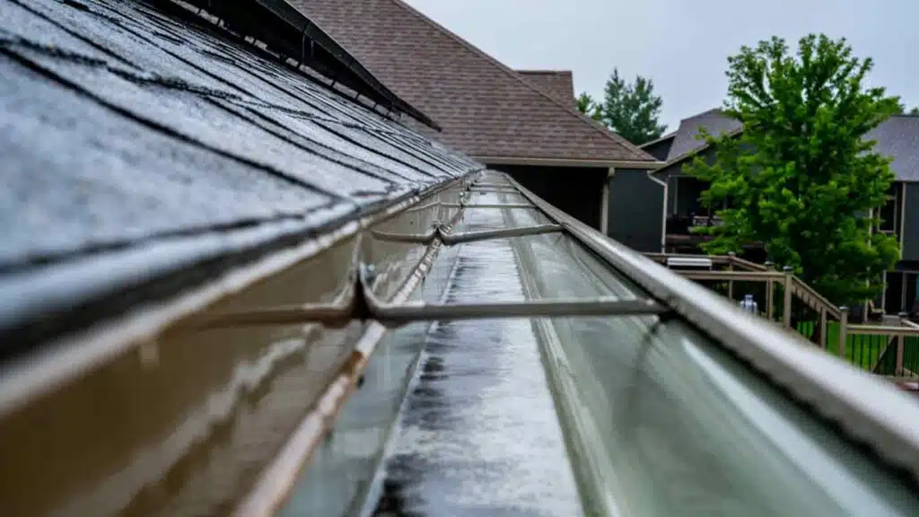 Close-up of a residential gutter system on a rainy day, emphasizing proper water drainage and roof protection.