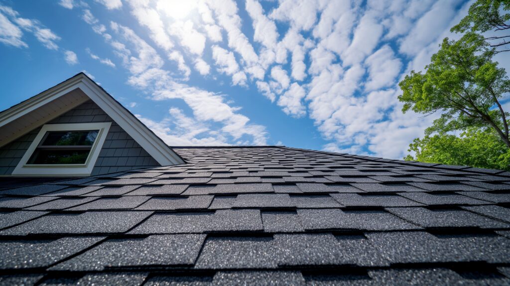 Sunlight over a newly installed asphalt shingle roof, showing finished residential roof repair work