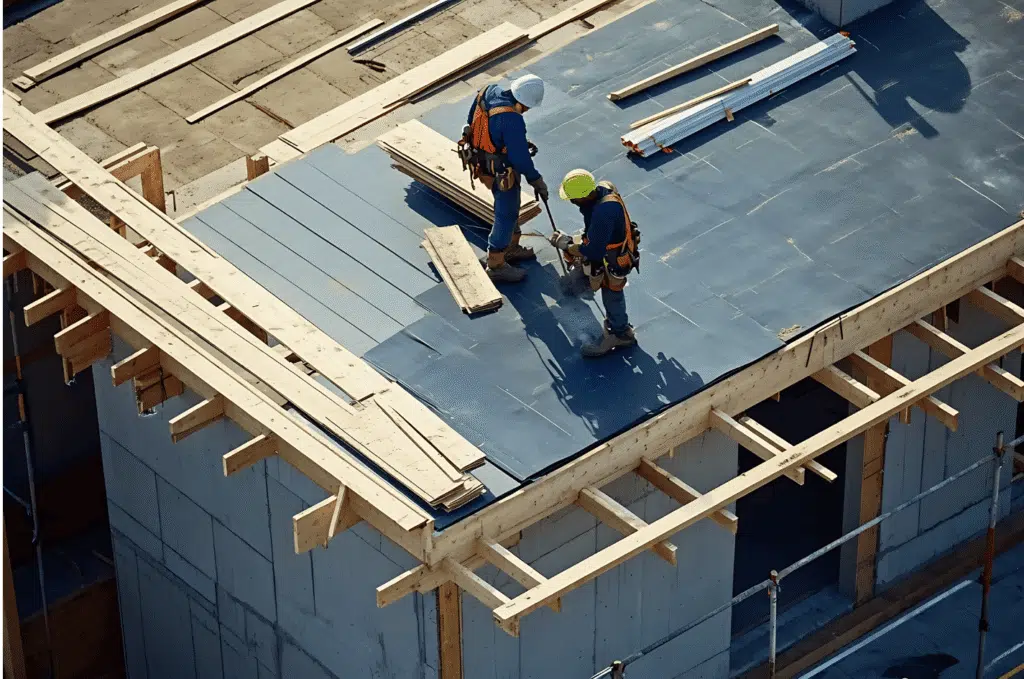 Large commercial roofing construction with concrete structure prepared for new roof installation