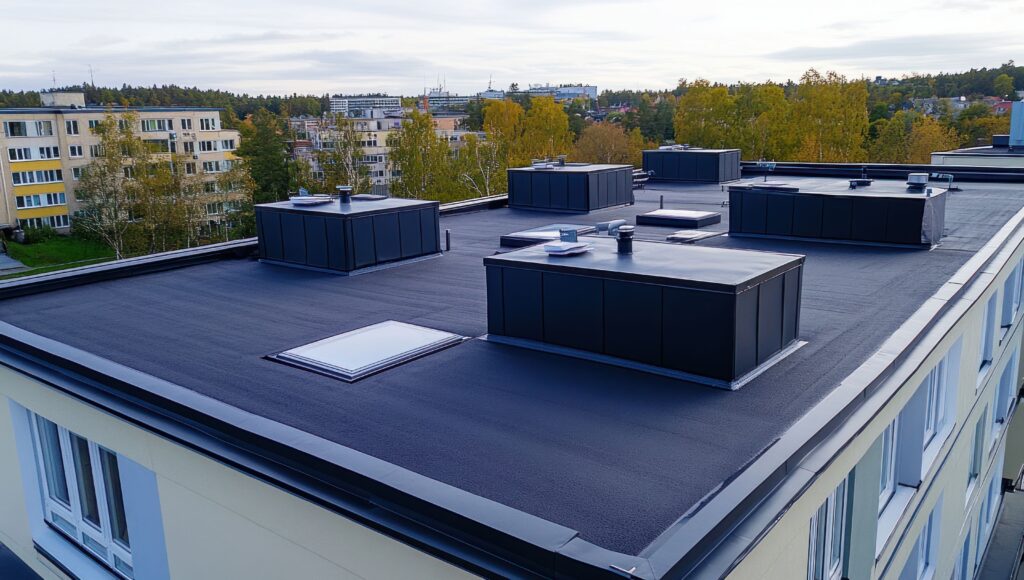 Flat roof material showing typical flat roof drainage conditions