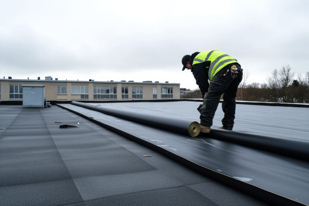 Standing water on flat roof, showing flat roof material with drainage and repair solution