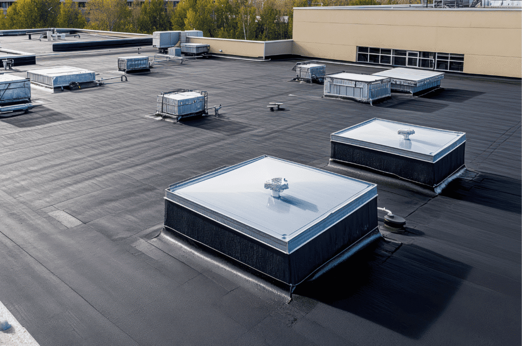 Commercial roofing flat roof with skylights and HVAC units, showcasing durable commercial roof service installation