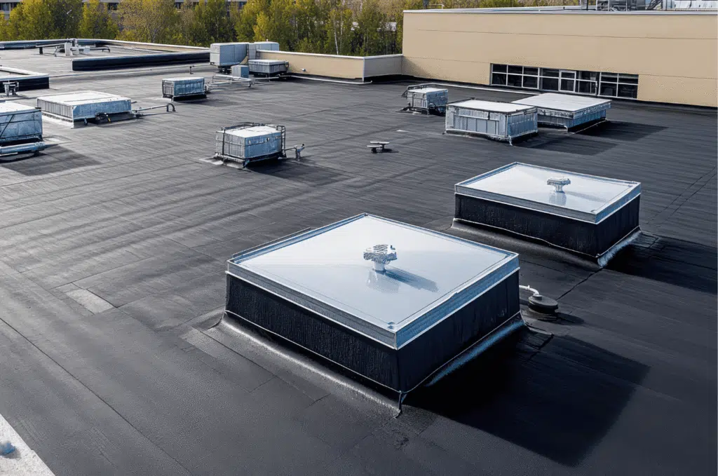 Commercial roofing flat roof with skylights and HVAC units, showcasing durable commercial roof service installation