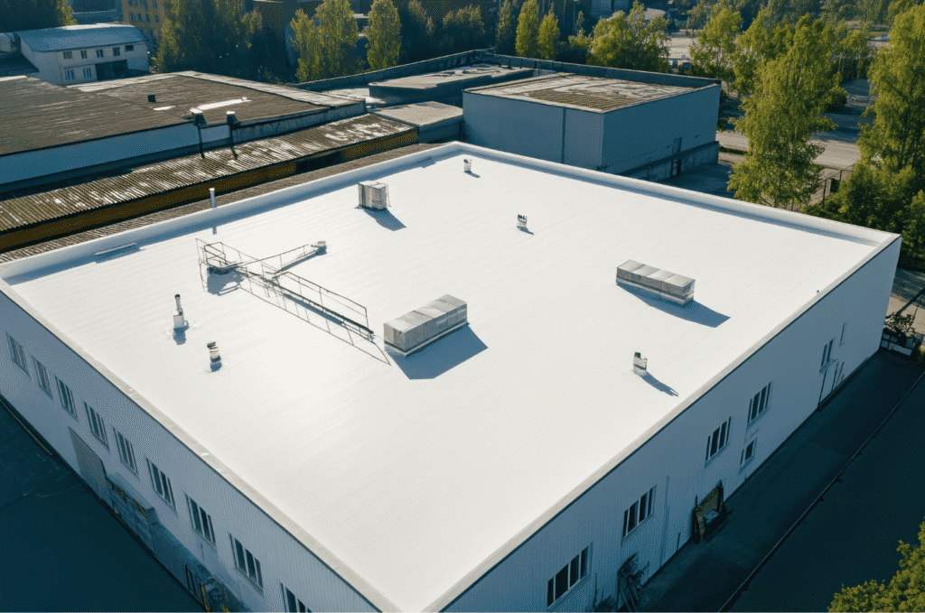 Flat roof commercial roofing system on industrial building, newly installed for long-term commercial roof service