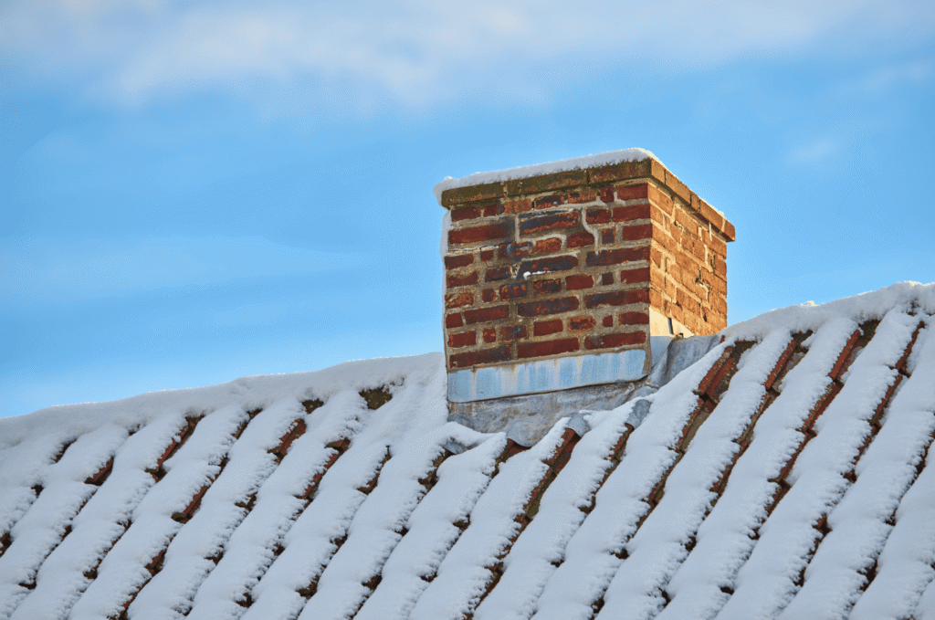 Snow-covered chimney and shingles showing proper roof preparation for winter and protection against cold weather damage