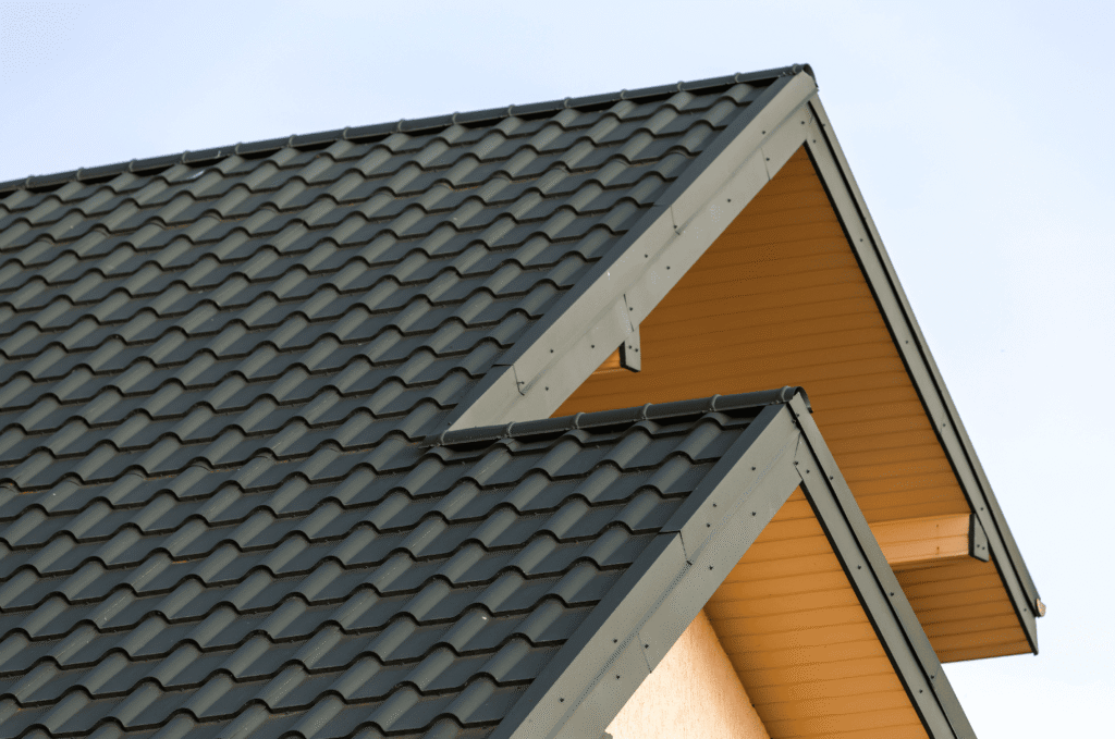 Modern metal tile roof finished with weather-resistant roof coating for long-term protection and shine