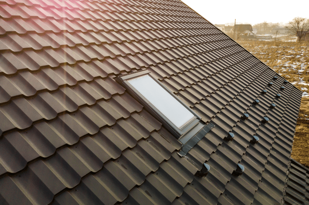 Metal roof with skylight nearby older shingles affected by shingle granule loss from age and sun exposure