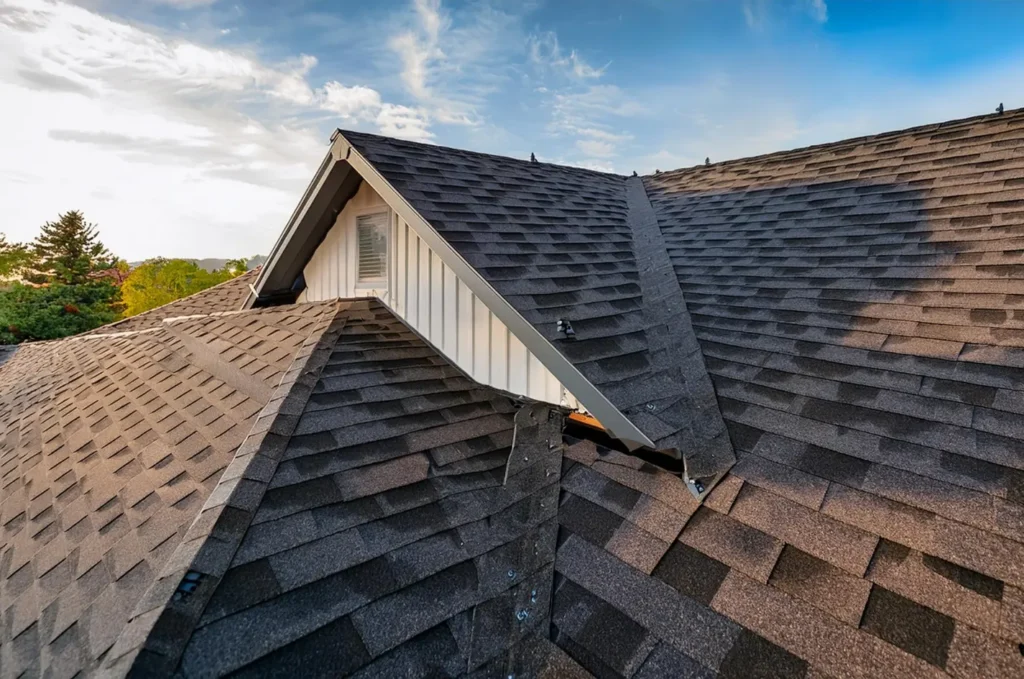 Roof sagging around dormer area causing uneven shingle alignment and visible structural dip near the roof valley