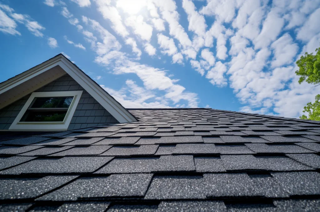 Roof sagging affecting asphalt shingles, showing uneven surface lines and potential structural support issues