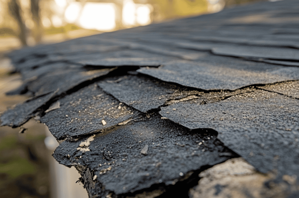 Close view of cracked and lifting shingles showing early signs of roof damage