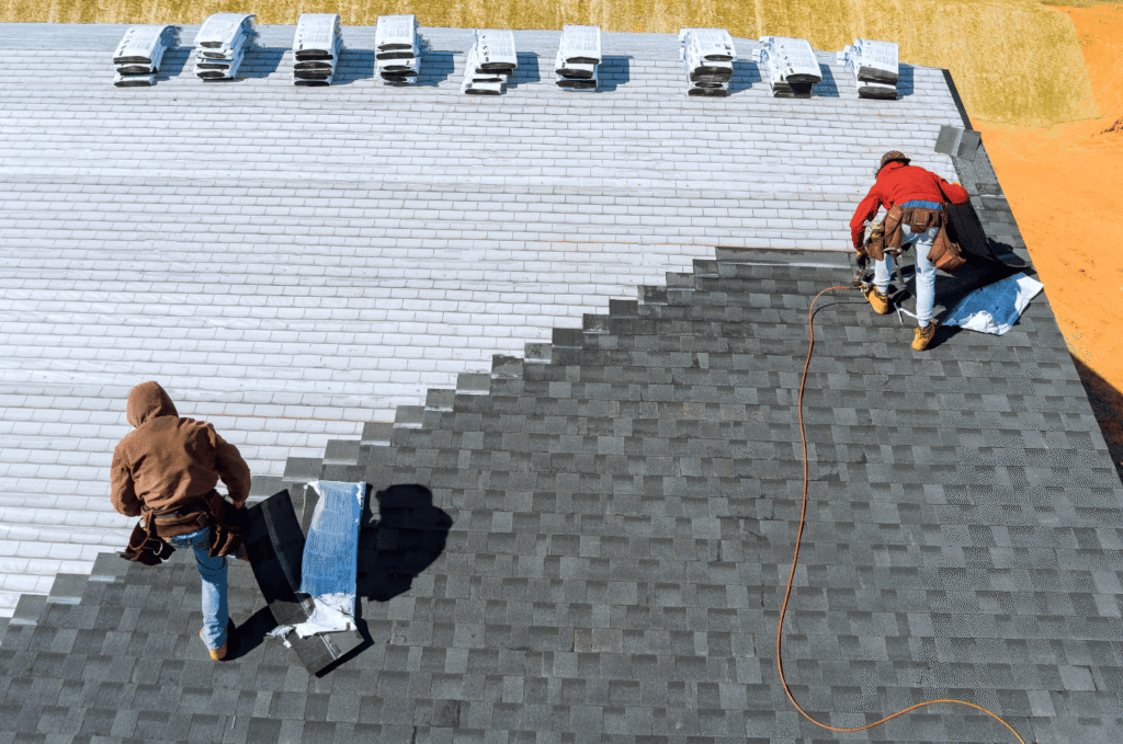Two roofers replacing shingles and restoring the roof during professional roof repair