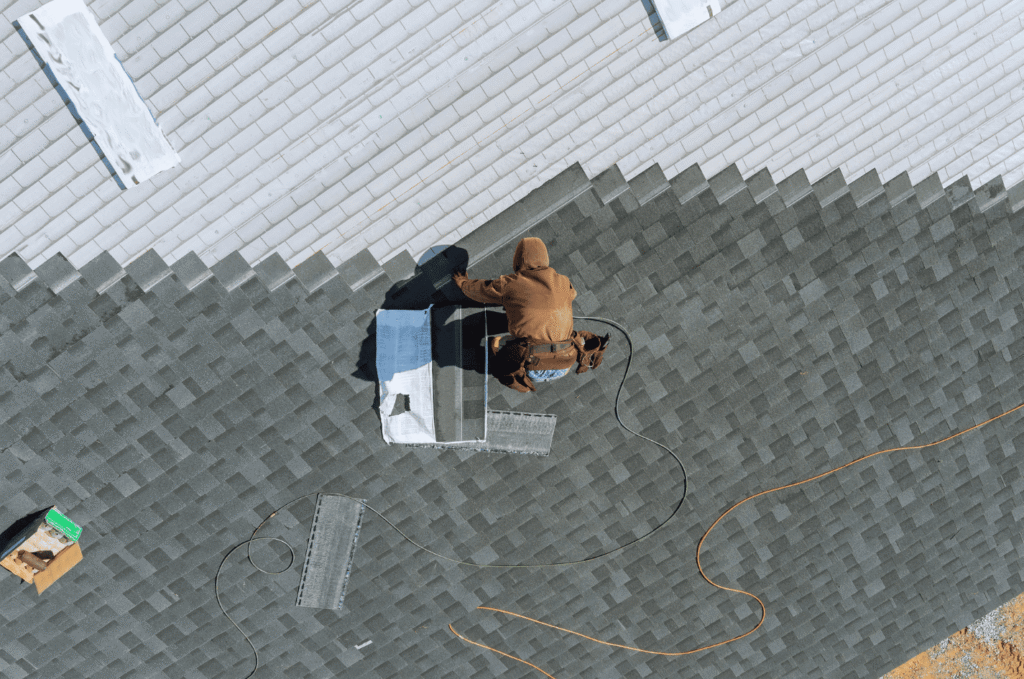 Top view of a worker installing shingles during a roof replacement, ensuring a clean and secure finish