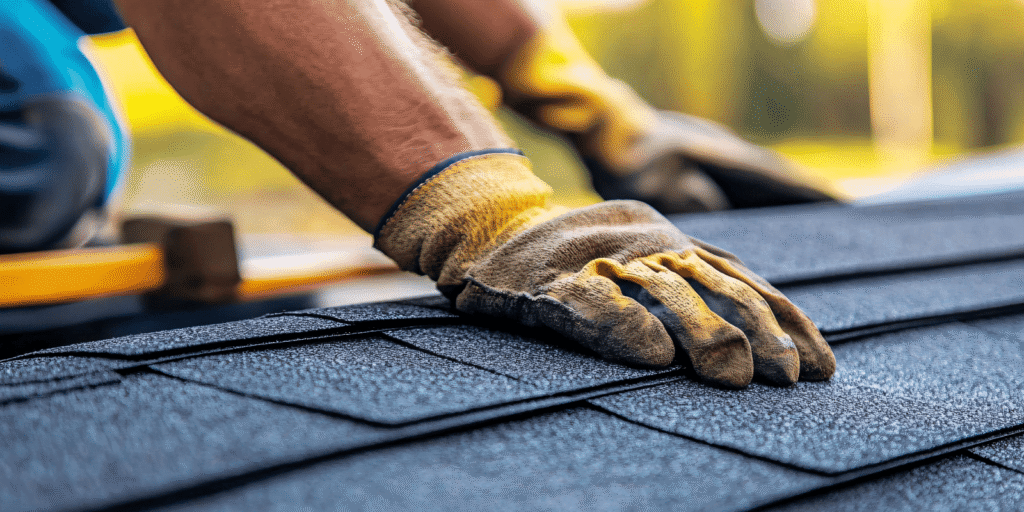 Close view of damaged shingles being handled, highlighting common roof replacement signs like wear and surface cracks.
