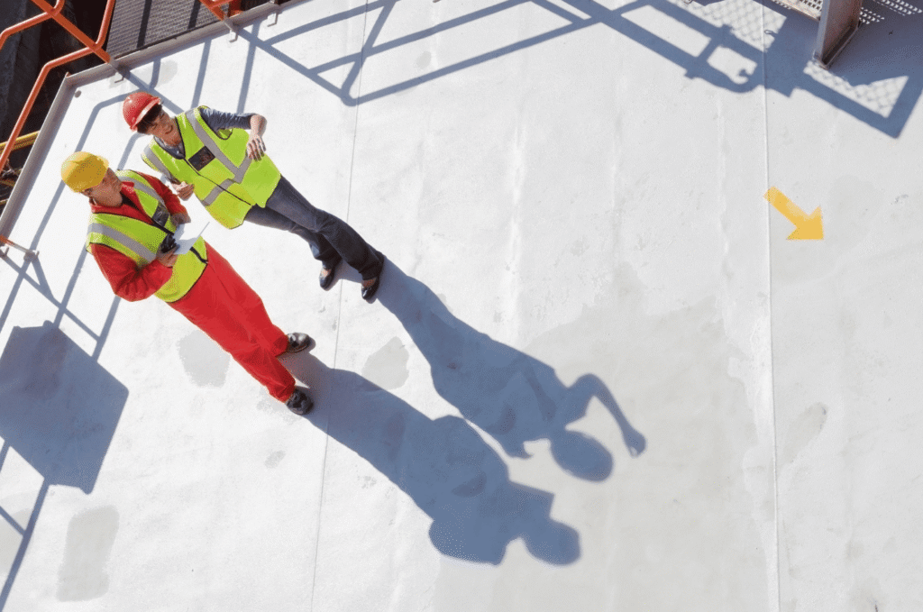Workers inspecting a flat roofing surface, checking seams and drainage areas to ensure the pvc roof stays watertight