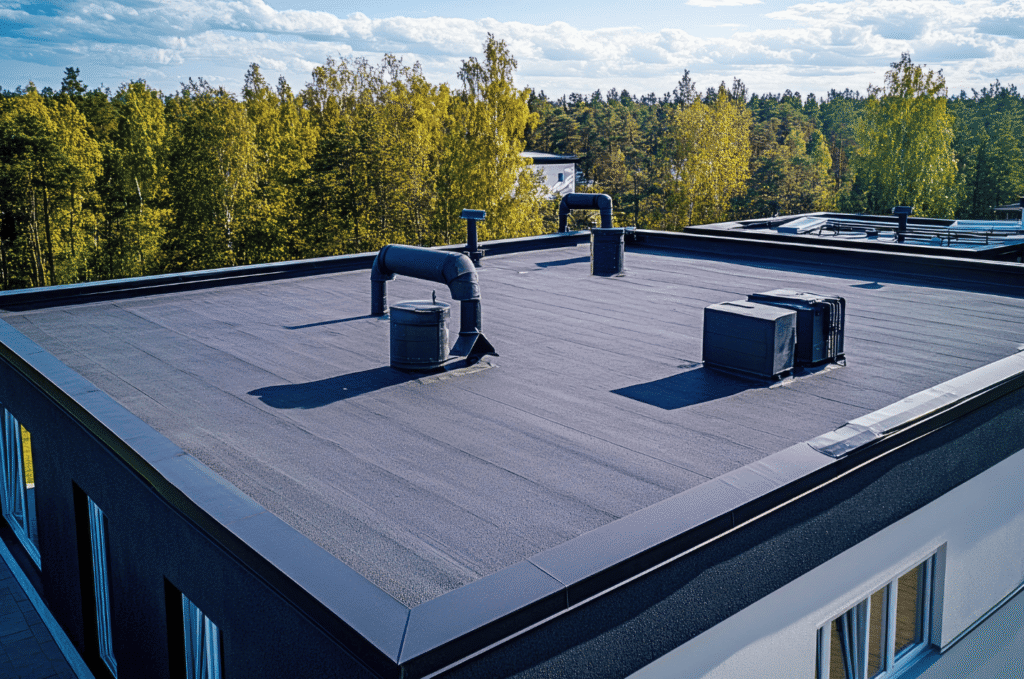 Residential flat roof view with black epdm membranes roofing material.