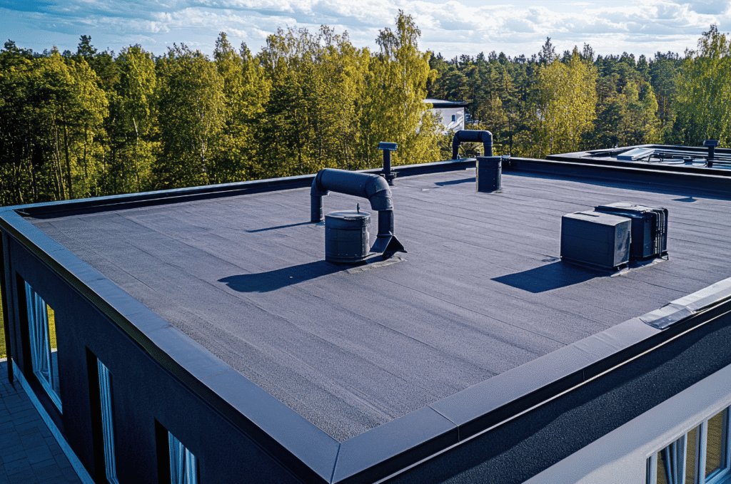 Modern building with a finished EPDM roof showing a clean flat roof design that helps manage water and protect the structure