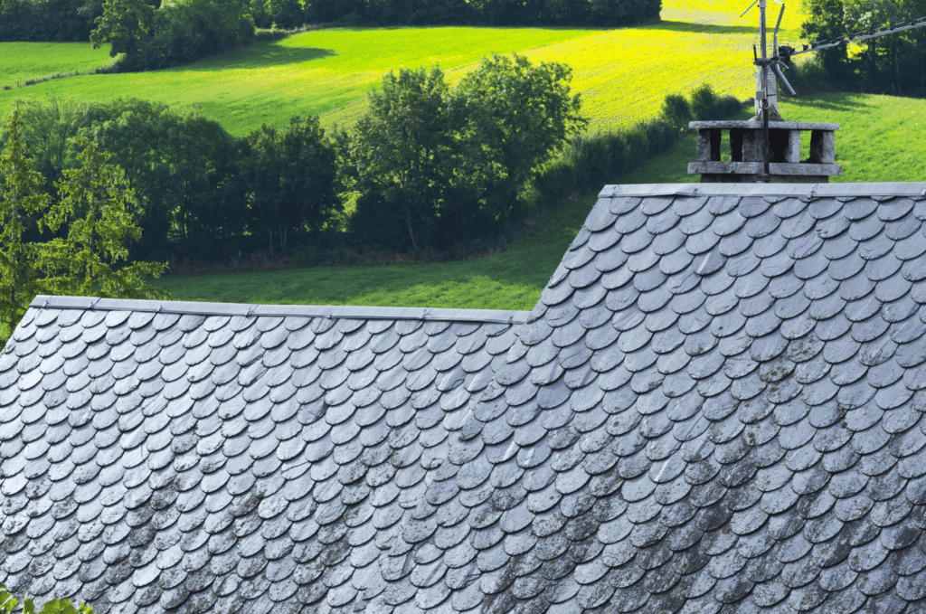 Slate roof on countryside home shown during roof maintenance to remove buildup and protect tiles from long-term damage