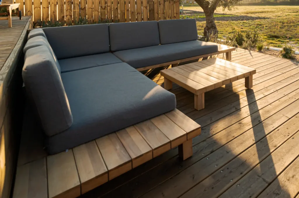 Finished outdoor seating area on a wooden deck, showing the clean results of professional deck building and repair work