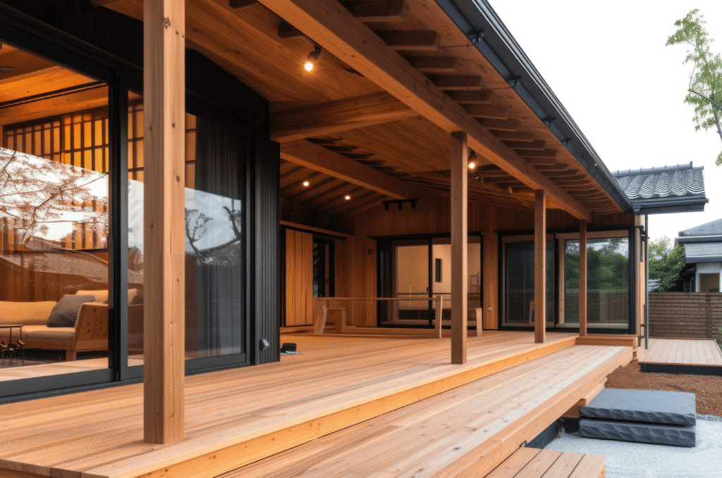 Finished wooden patio created through deck building, offering a comfortable outdoor space for relaxing and gathering