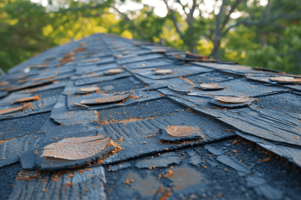 Close-up of deteriorating roof shingles with rust spots and cracking edges needing repair.