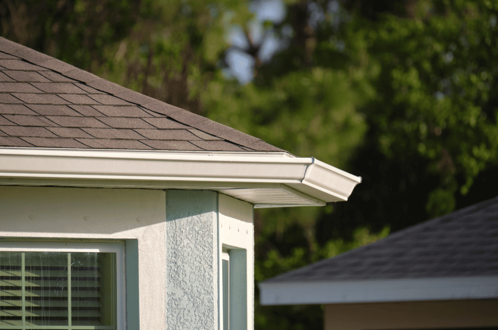Clean gutter system installed along an asphalt shingle roof edge showing proper drainage and roof maintenance