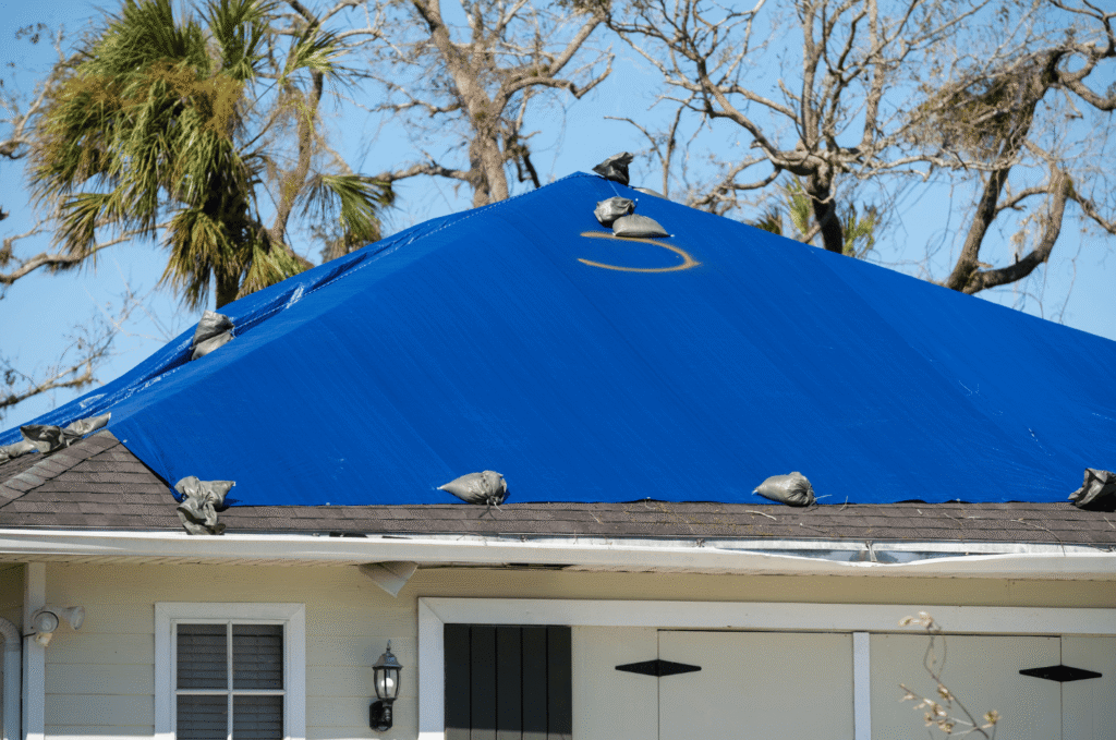 Blue emergency roof tarp secured with sandbags covering storm-damaged shingles on a residential home after a hurricane