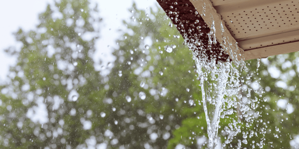 Rainwater spilling over a roof gutter during heavy rain, showing gutter overflow around a home when the system stops draining