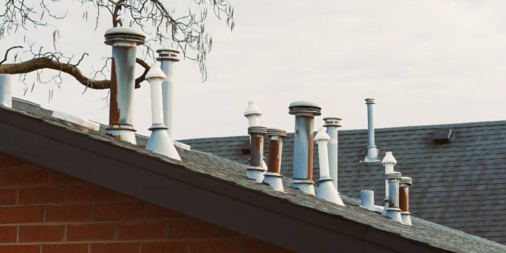 Multiple roof vents and chimneys on an urban roof, showing common areas linked to roof ventilation problems in Boston