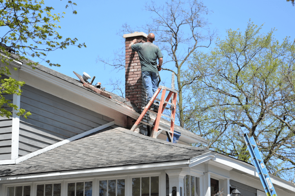 Roofer checking chimney and roof areas for moisture signs linked to roof ventilation problems in Boston homes