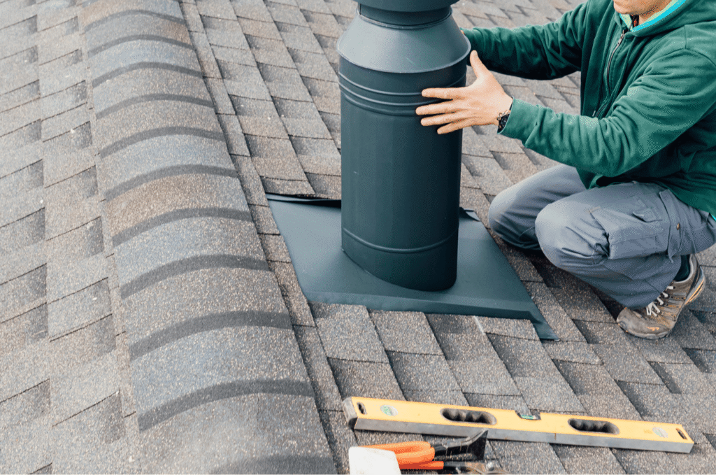 Roofer installing a roof vent on asphalt shingles to improve attic airflow and prevent roof ventilation problems in Boston