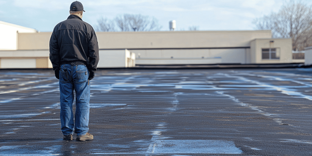 Contractor inspecting a wet commercial flat roof with ponding water, showing early commercial roof leaks after heavy rain